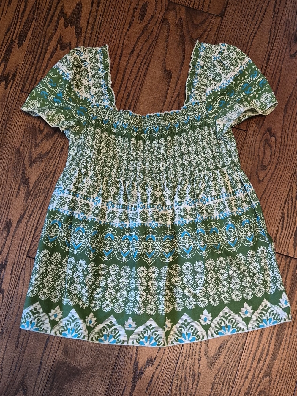 Madison Green Printed Smocked Peasant Top
